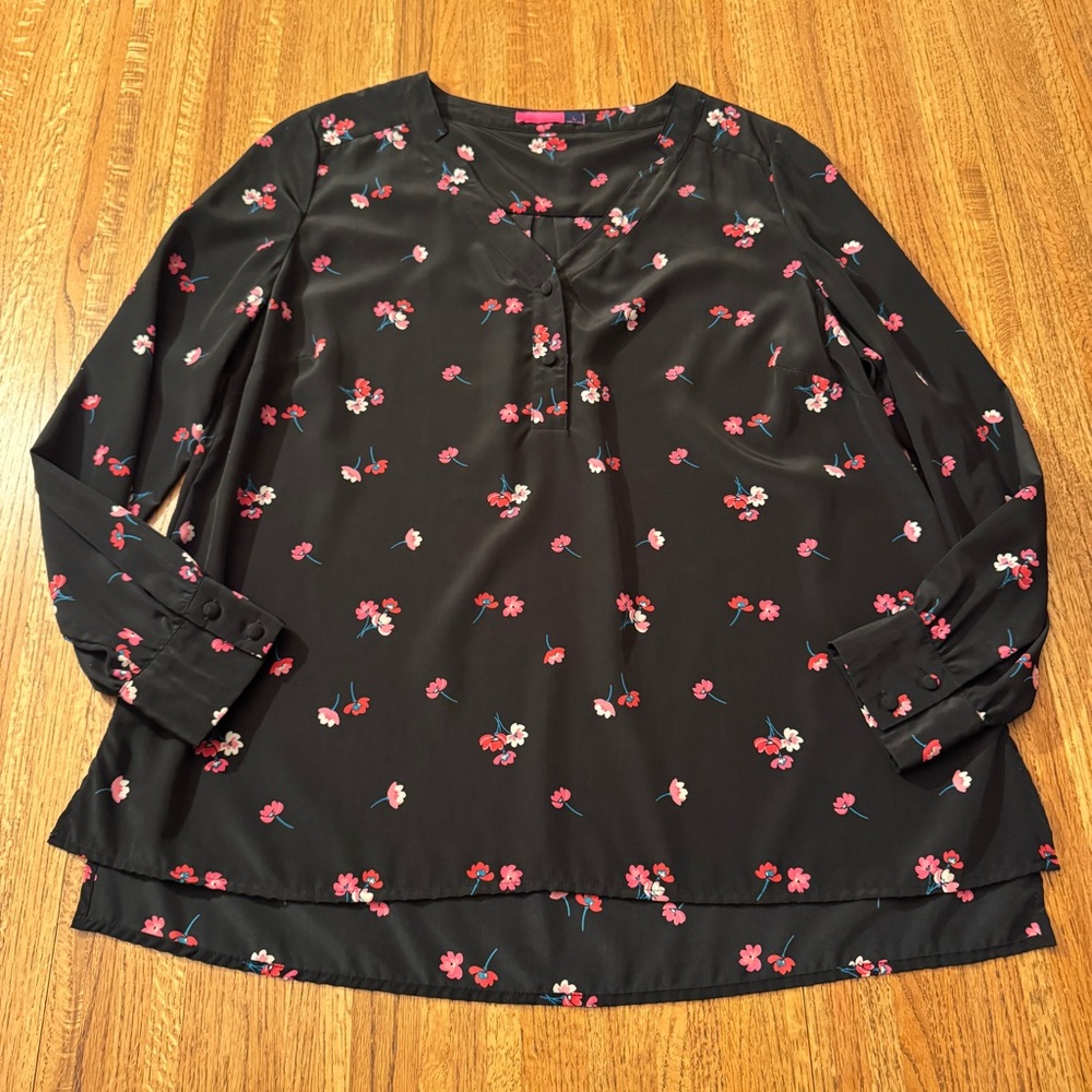 AVA Black Red & Pink Floral Long Sleeve Blouse Size Large